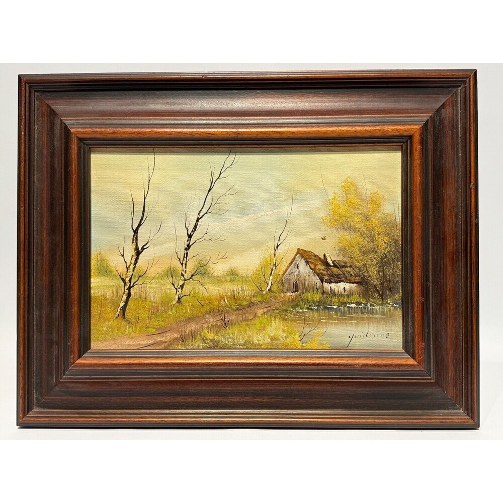 Vintage Original Oil painting On Canvas Artist Signed Framed 17x13" Winter Cabin